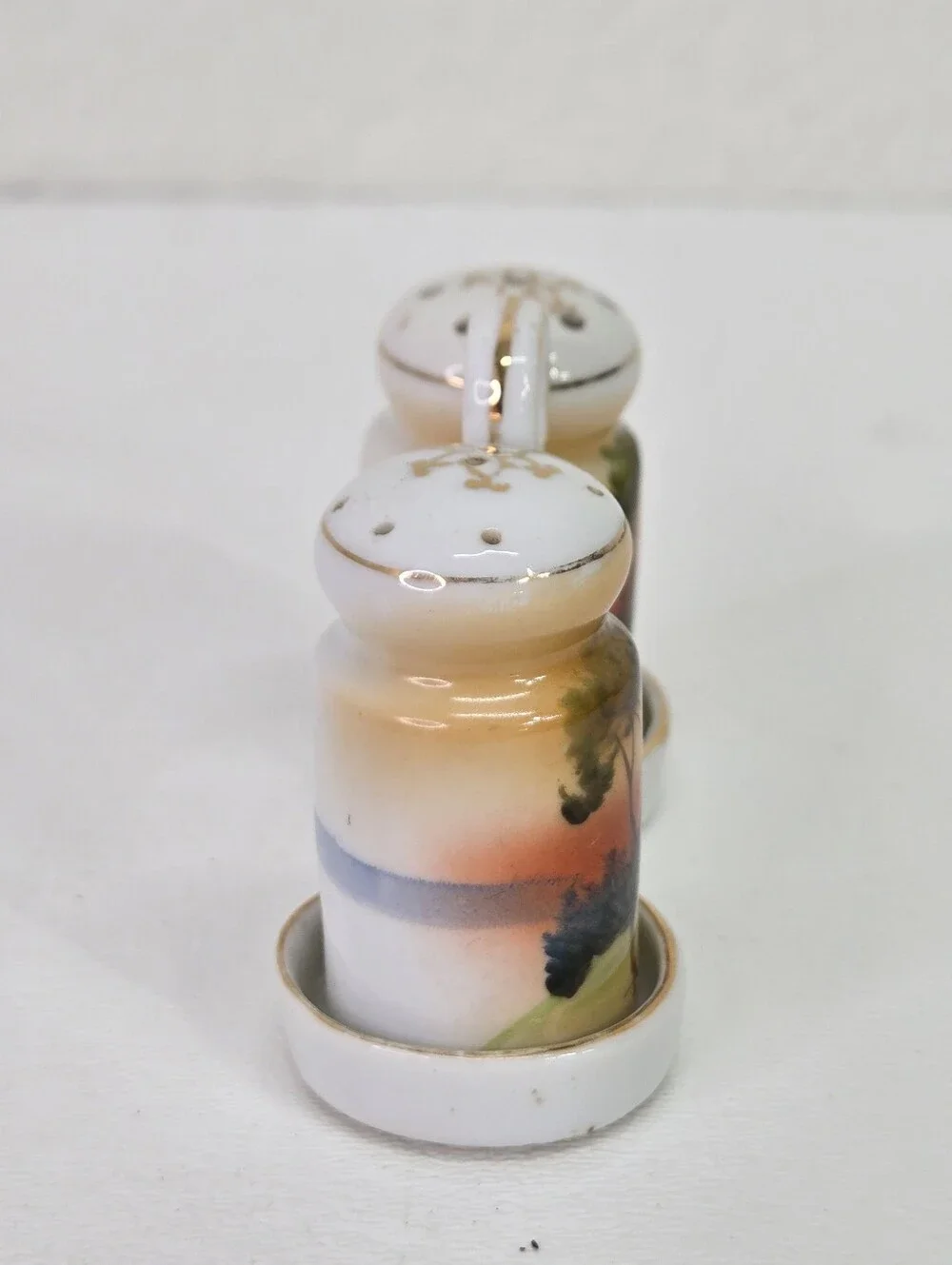 Antique Noritake Tree in Meadow Hand Painted Salt Pepper Shakers Set Caddy Japan